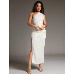 Ladies' One Shoulder Beaded Detail Side Slit Elegant Dress